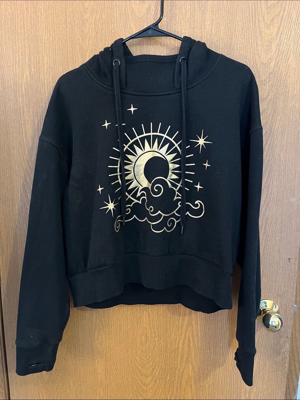 Women's Black Hoodie with Metallic Gold Celestial Graphic